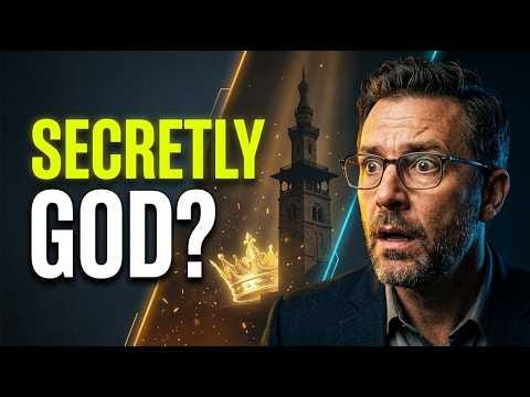 Video poster shows a scholar beside a glowing crown and tower, with the question “Secretly God?”.