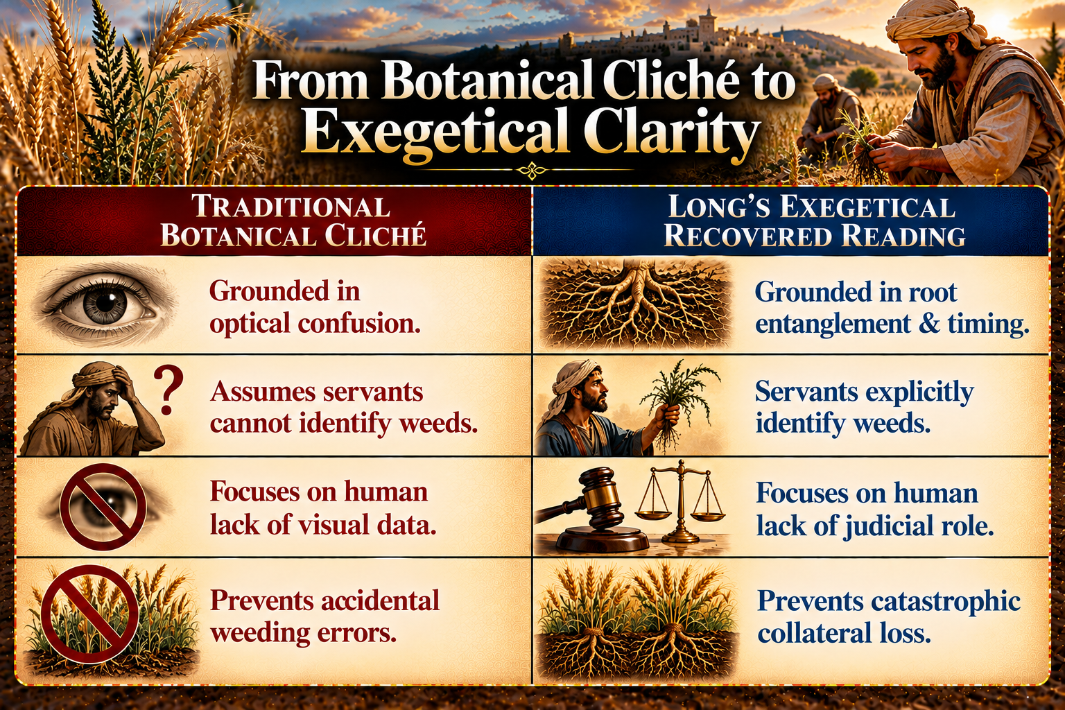Comparison graphic contrasts a botanical reading of wheat and weeds with a reading focused on timing, entanglement, and collateral harm.