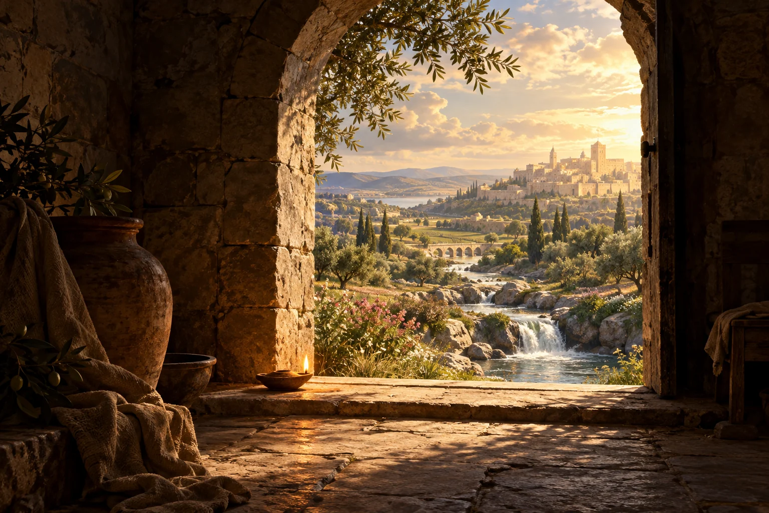 A quiet stone archway opens from a shadowed room toward a sunlit garden, flowing water, and a distant renewed city.