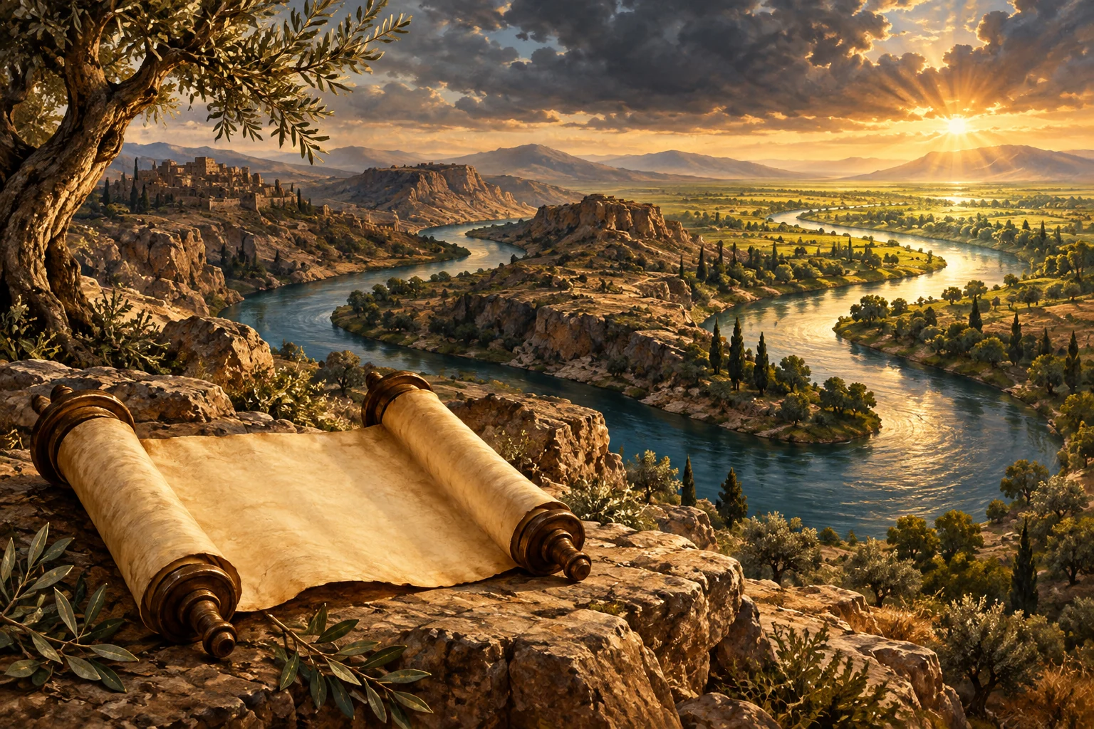 A winding river crosses a rugged valley toward a green horizon, with an open scroll in the foreground.