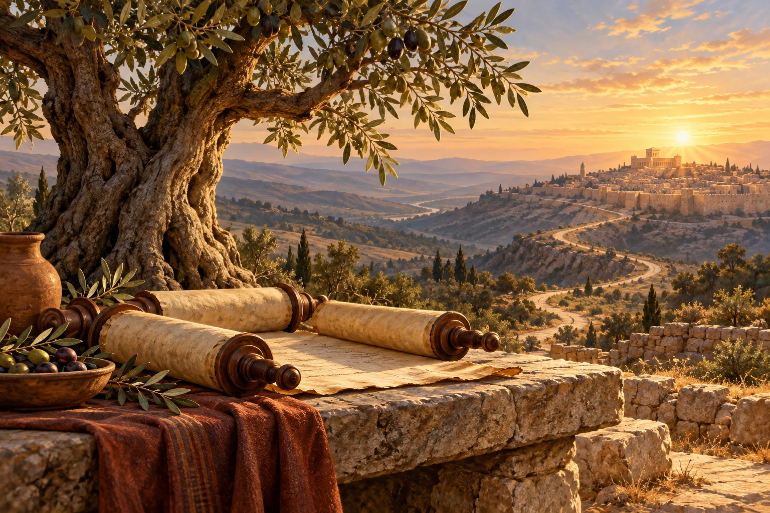 Ancient scrolls rest beneath an olive tree beside a winding path toward Jerusalem at dawn.