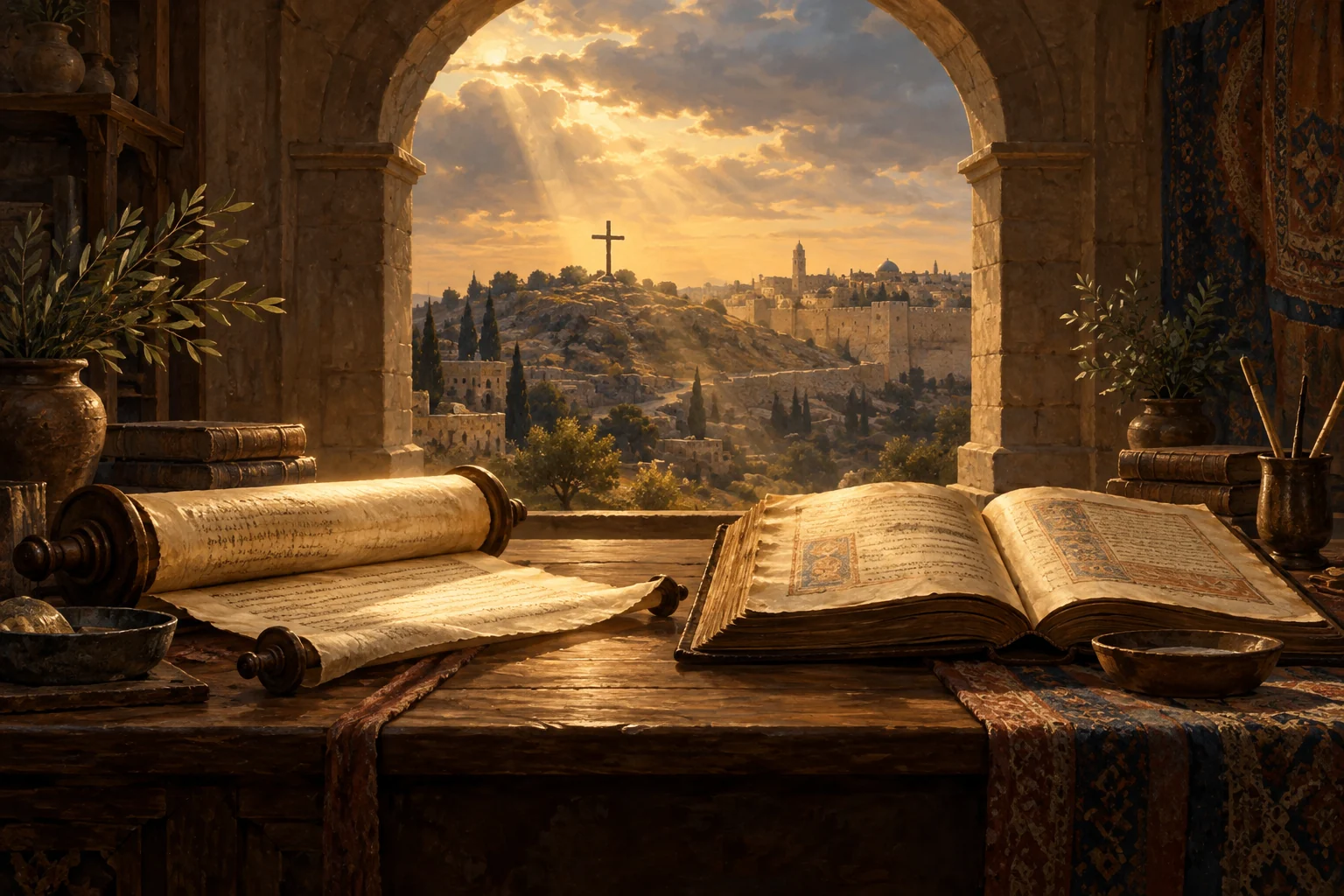Two manuscript traditions rest on a scholar’s desk, with an empty cross visible through an arched window over Jerusalem.