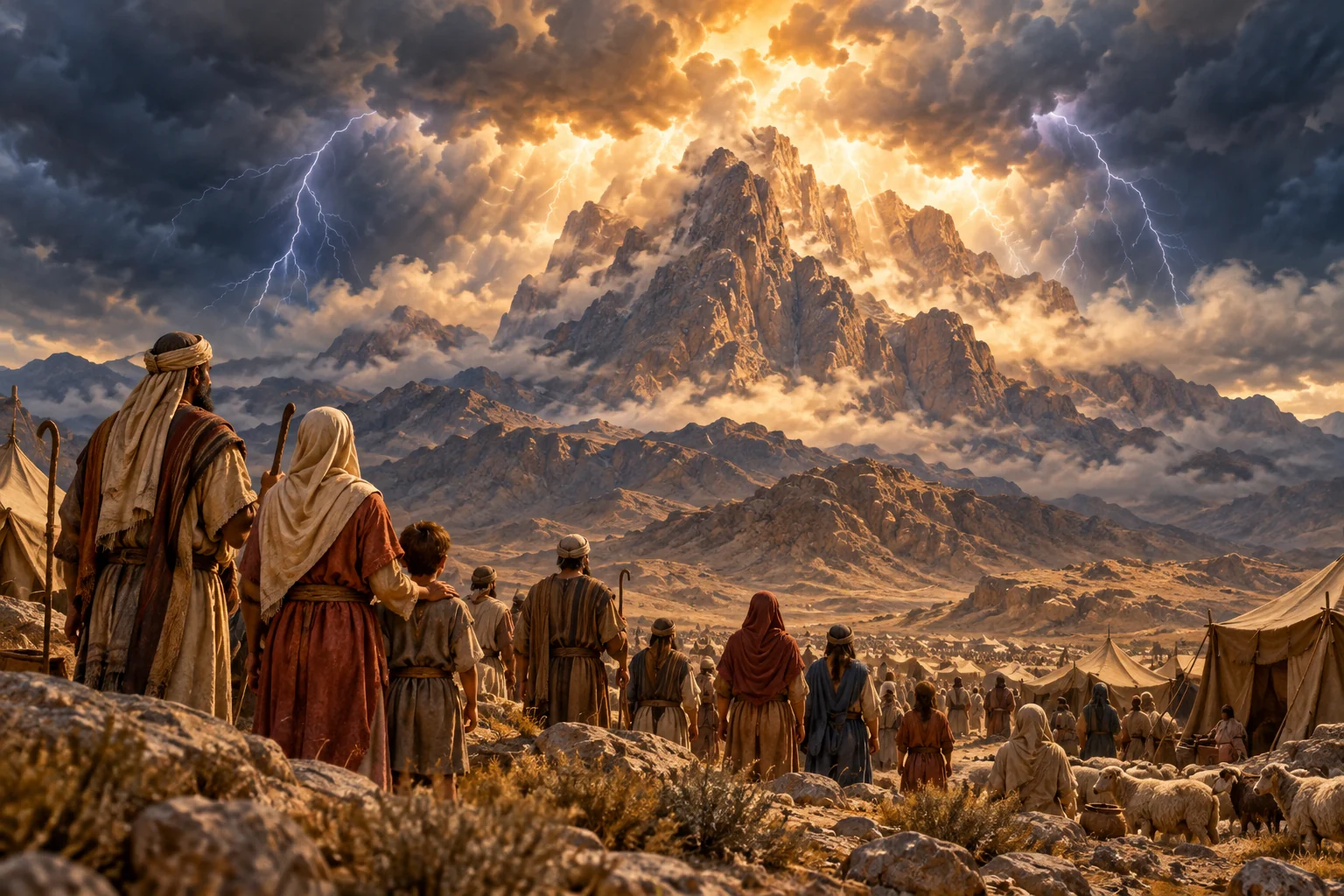 Sinai mountain rises above an ancient camp as families gather beneath storm clouds and distant lightning.