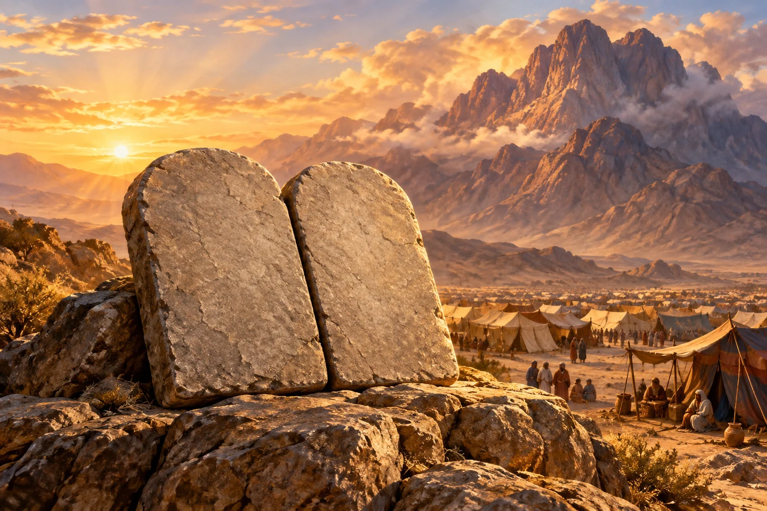 Two uninscribed stone tablets rest on a rock overlooking a desert camp and mountain at dawn.