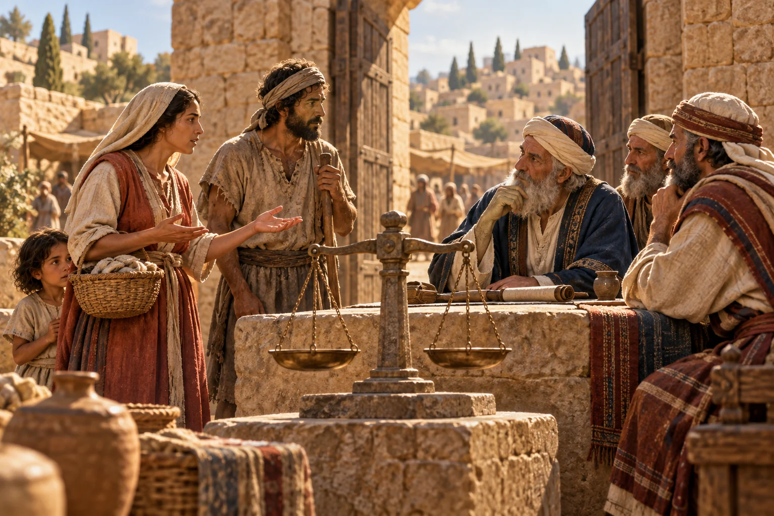 Village elders listen to a woman and laborer beside a balance scale at an ancient stone gateway.