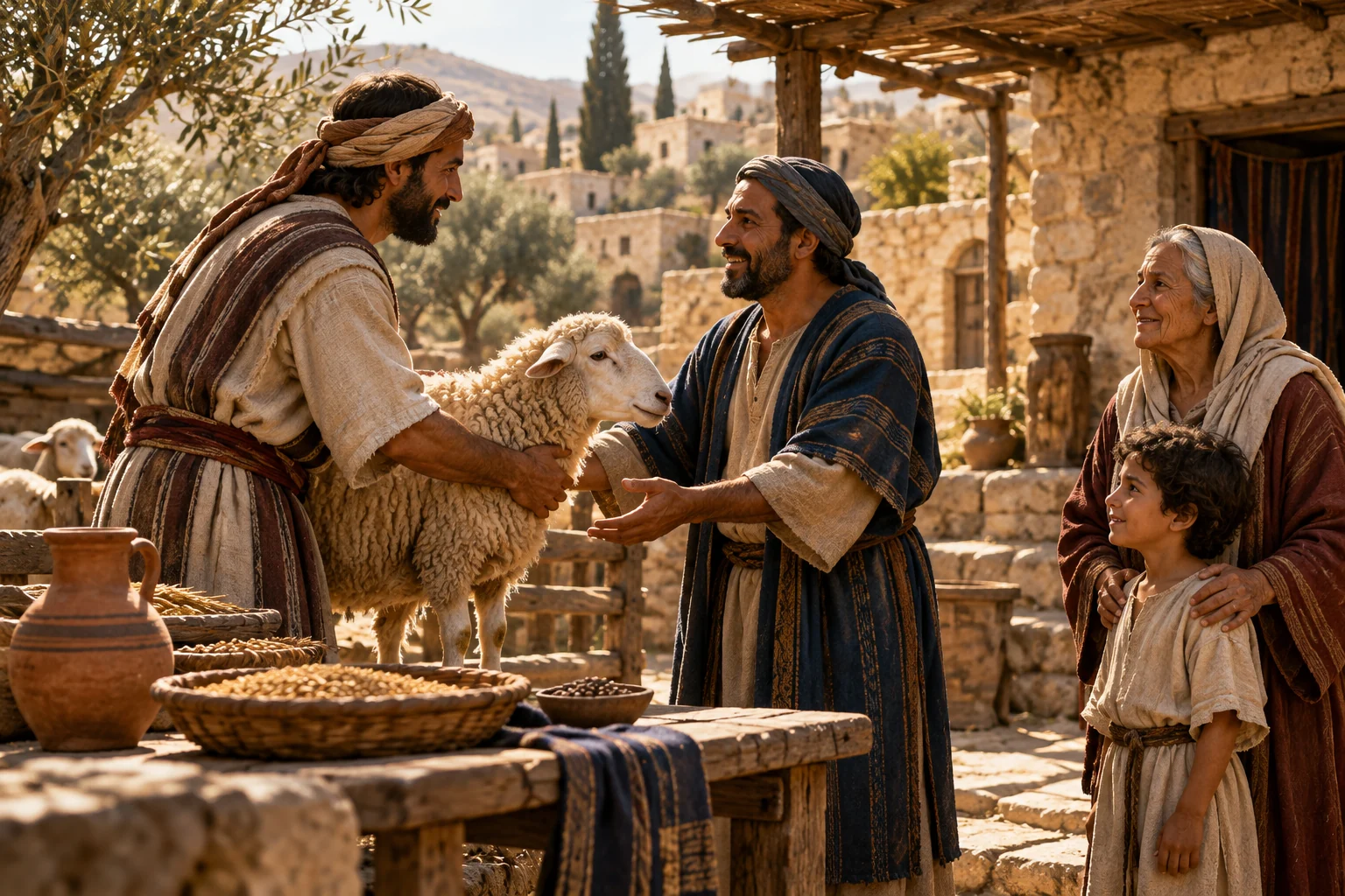 Two villagers exchange a sheep beside grain baskets while an elderly woman and child stand nearby in a stone courtyard.
