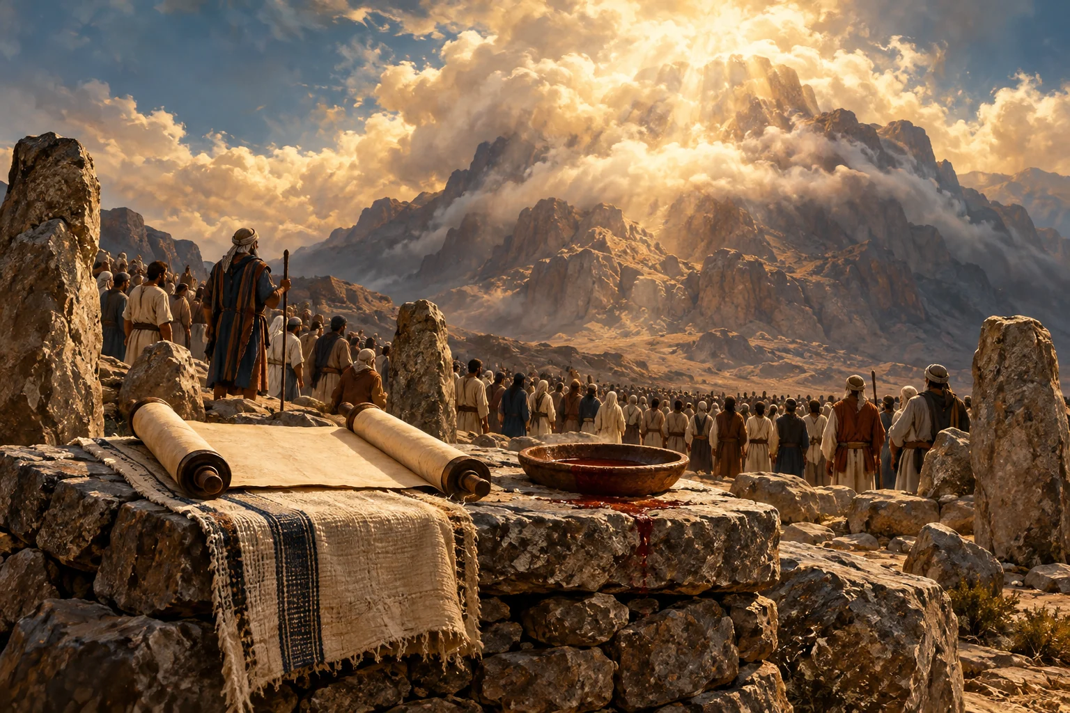 An open scroll and stone altar stand at Sinai’s foot, with covenant representatives gathered beneath the mountain’s luminous cloud.