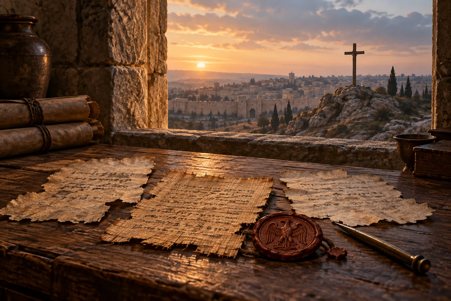 Ancient manuscript fragments and a Roman seal lie beside a stone window overlooking an empty cross outside Jerusalem.