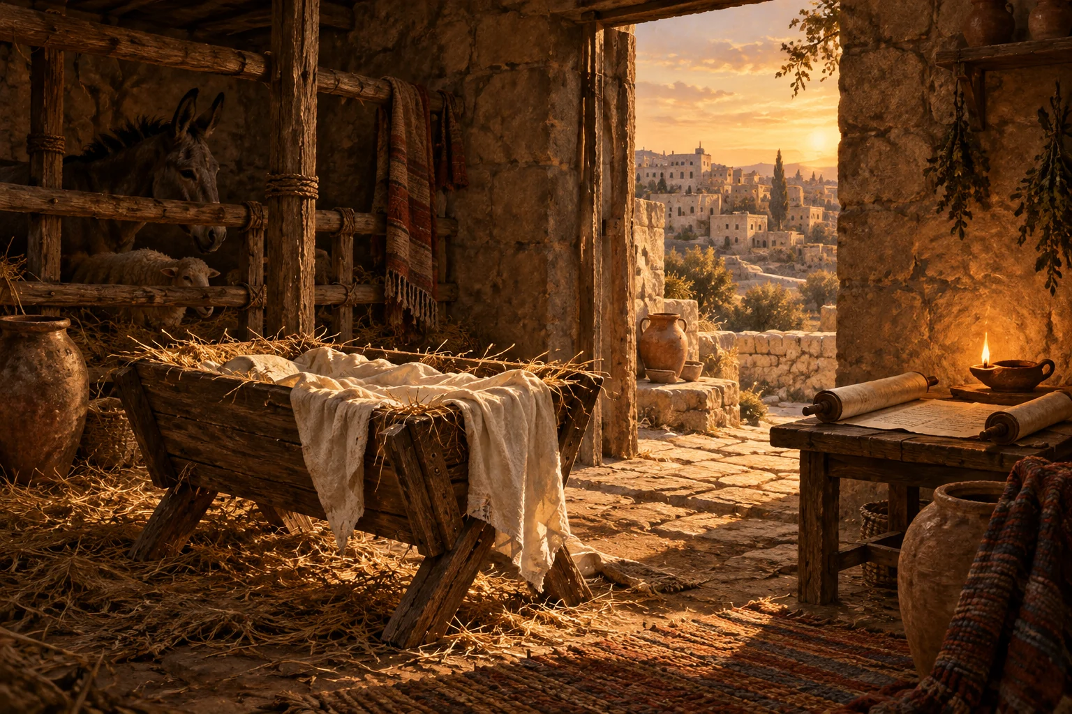 A humble Bethlehem room holds an empty manger and lamp, while warm light falls across a nearby open scroll.