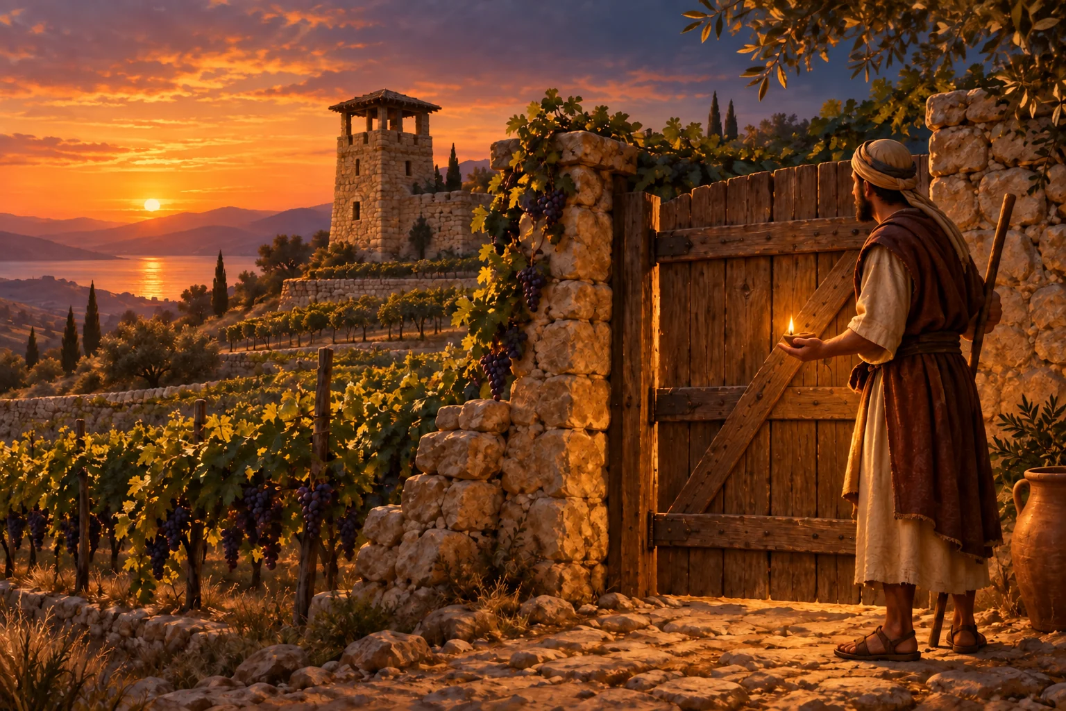 A doorkeeper holds an oil lamp beside a vineyard gate and stone watchtower at twilight.