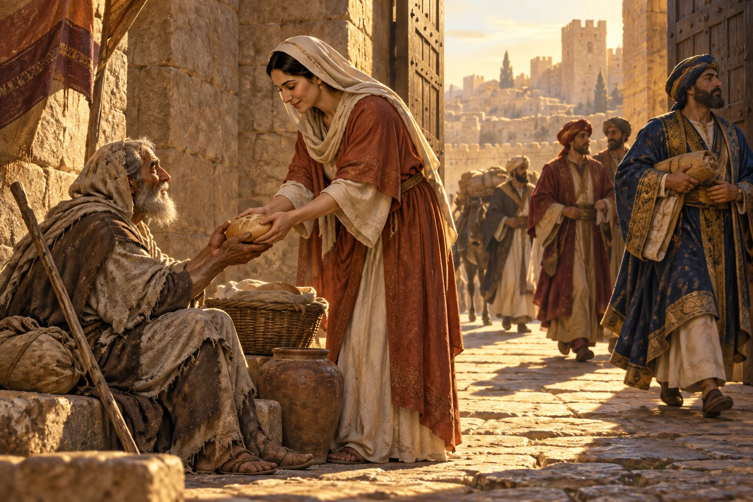 A woman offers bread to an elderly traveler at an ancient city gate while merchants pass behind them.