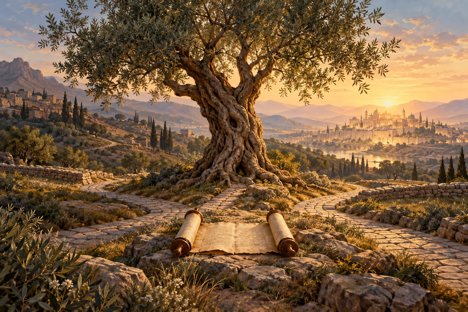 An ancient olive tree rises where stone paths meet, with an open scroll and a sunlit city in the distance.