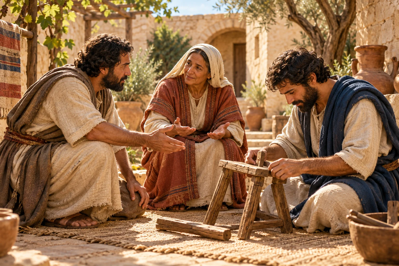 Two neighbors repair a wooden stool while an older woman joins their conversation in an ancient courtyard.