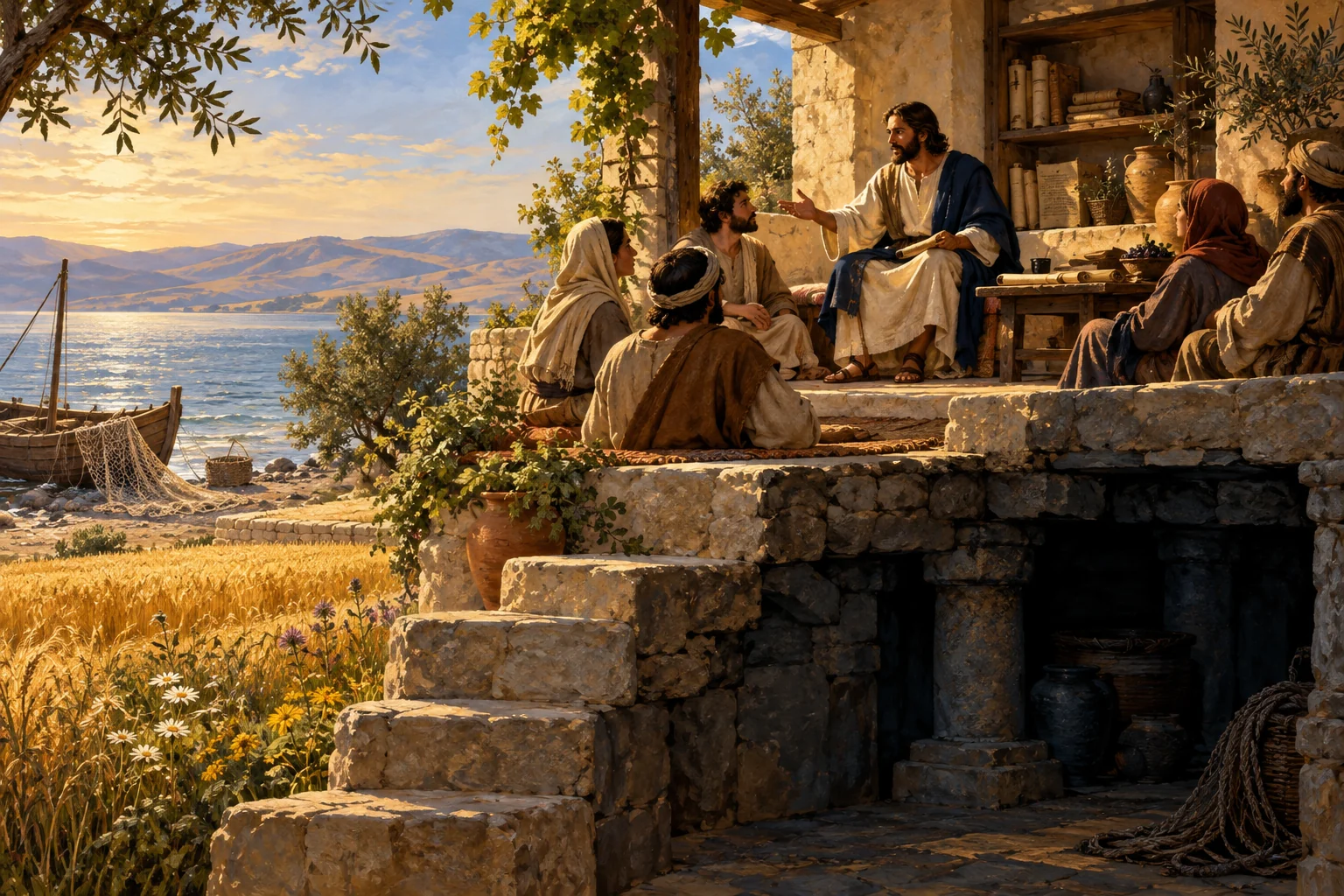 Listeners gather in a sunlit teaching courtyard above a shadowed stone foundation, beside wheat fields, a fishing boat, and nets.
