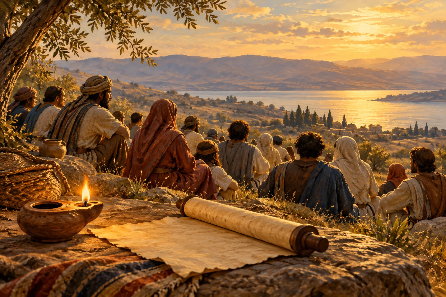 An oil lamp and parchment scroll overlook a seated gathering on a hillside above a Galilean lake.