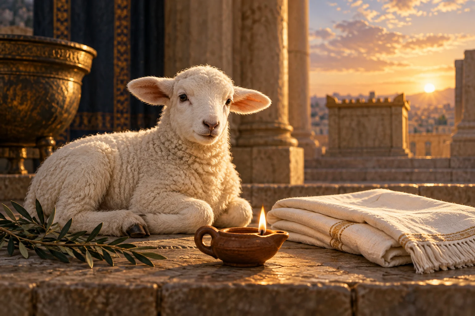 A white lamb rests beside a clay lamp and folded linen in a sunlit stone sanctuary.