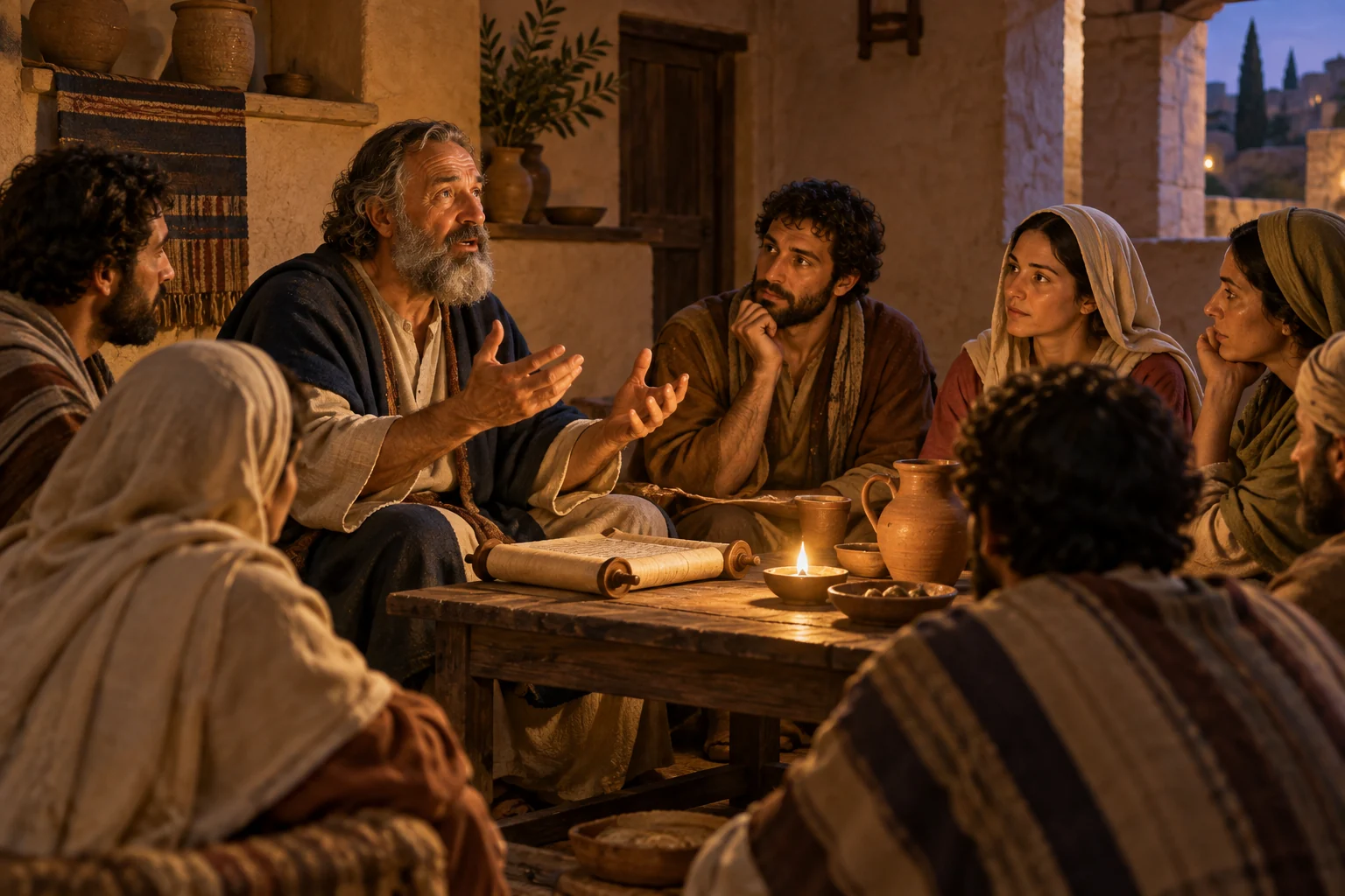 An elder speaks to a small gathering around a lamp and rolled scroll in an ancient Mediterranean home.