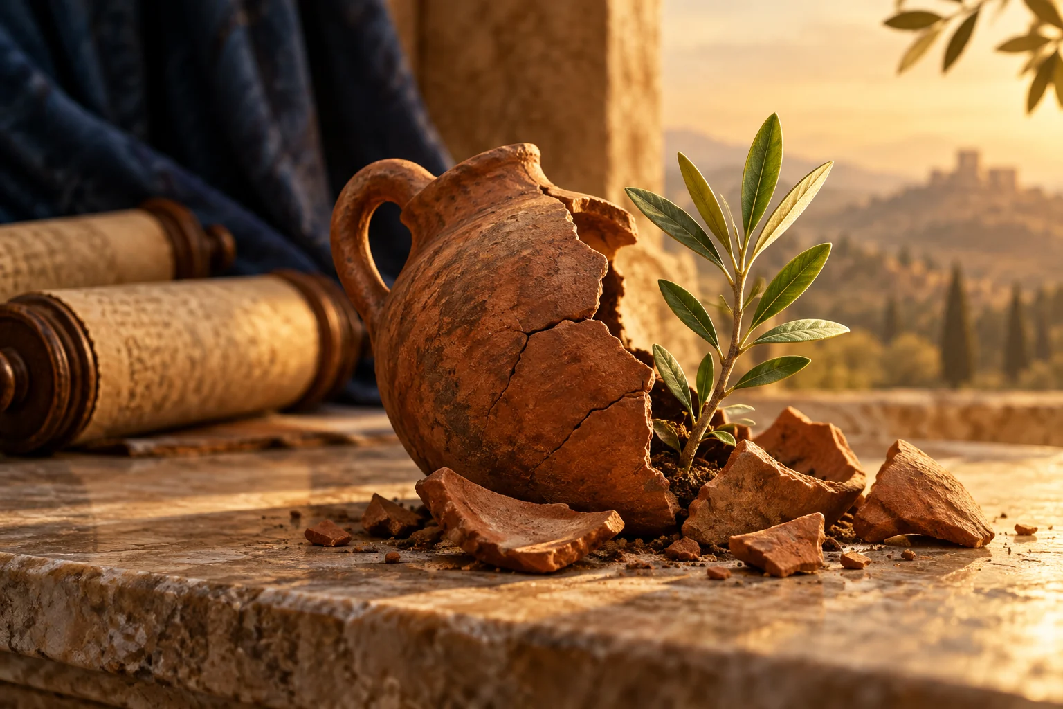 A fractured terracotta vessel and a green olive shoot rest beside manuscript rolls on a stone table.