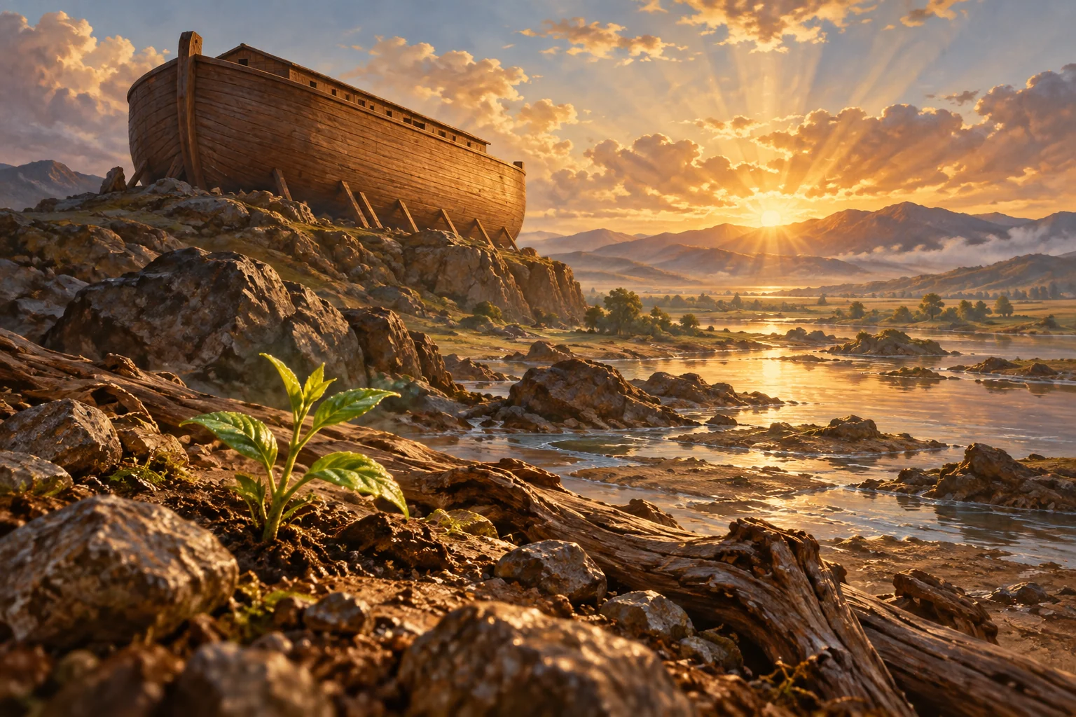 A wooden ark rests above receding waters while a green shoot emerges on the exposed shore.