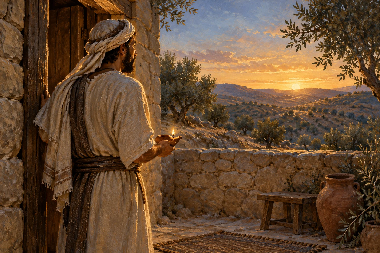 A doorkeeper holds a clay lamp beside a wooden door, looking across olive-covered hills at dawn.