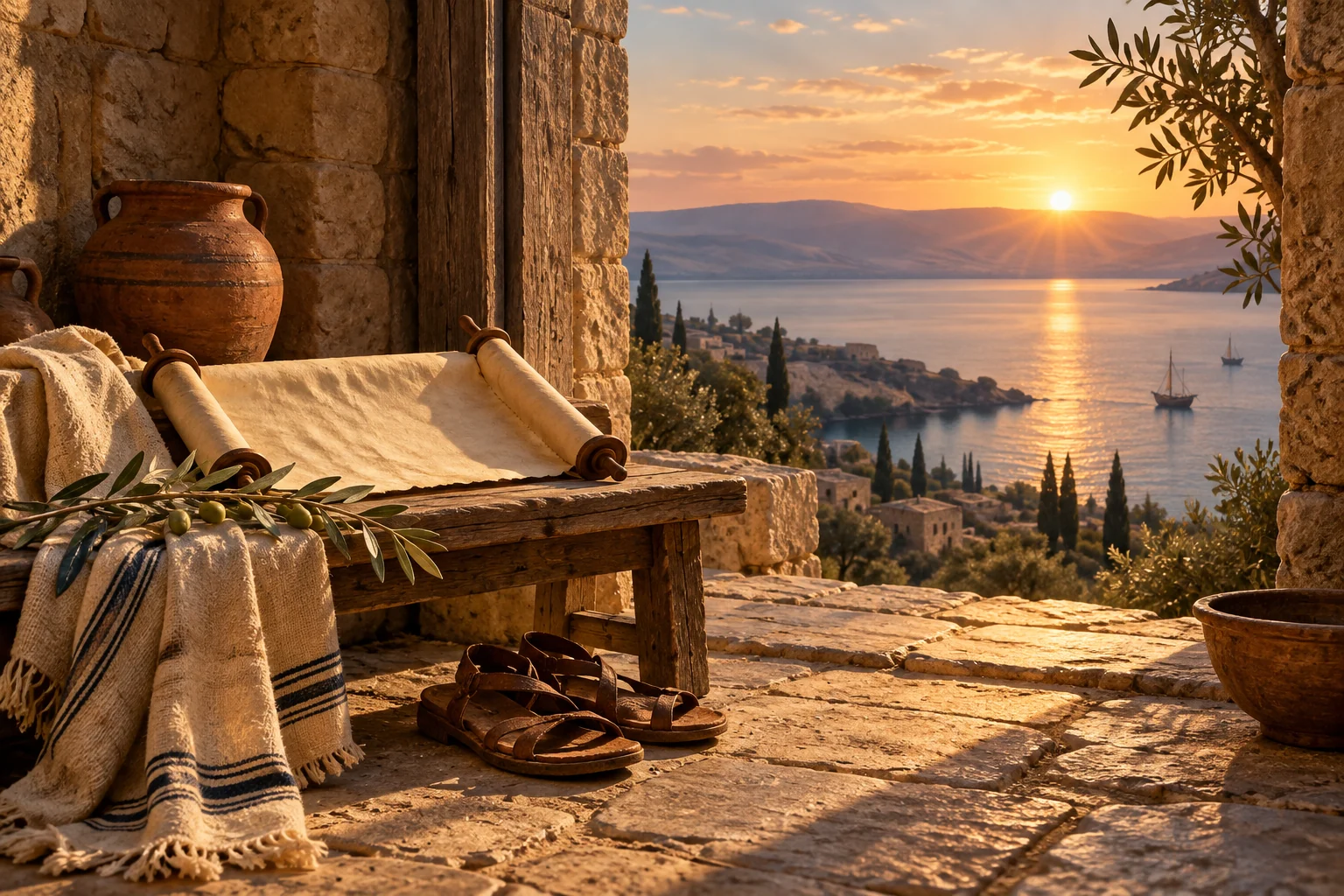 A parchment scroll, sandals, and an olive branch sit beside a stone doorway overlooking the Sea of Galilee.