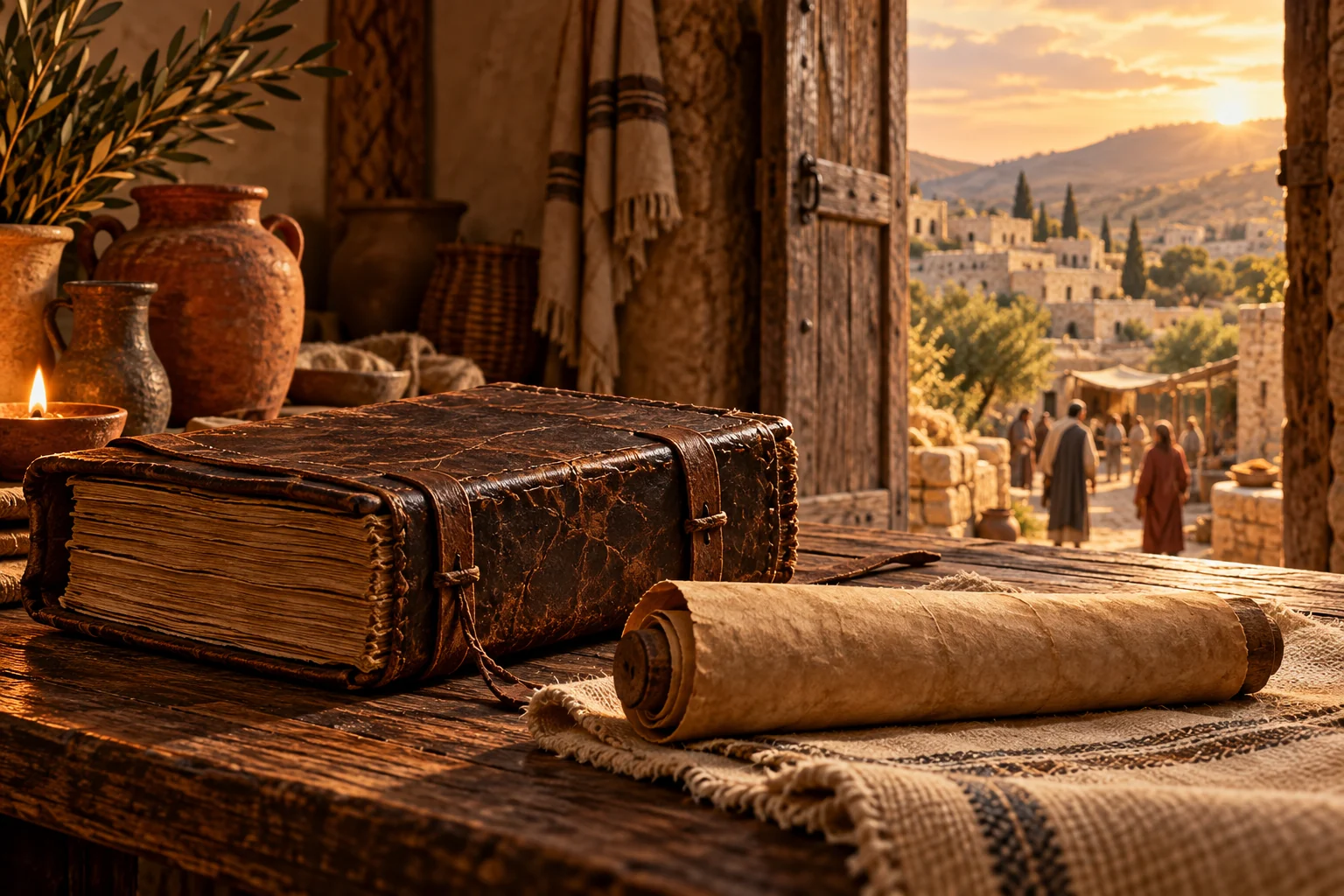 A bound manuscript and parchment roll rest beside a stone doorway opening onto a sunlit ancient village.