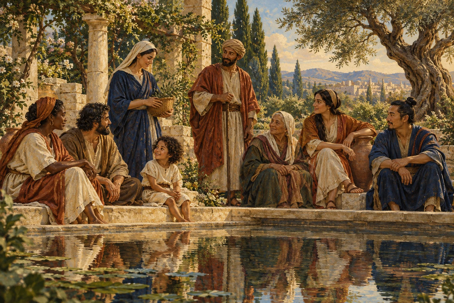 Men, women, a child, and an elderly person gather beside a reflecting pool in a leafy garden courtyard.